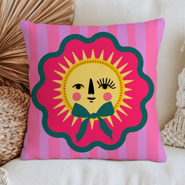 Boho Chic Sun Face Colourful Maximalist Striped Throw Pillow (Creator Uploaded)
