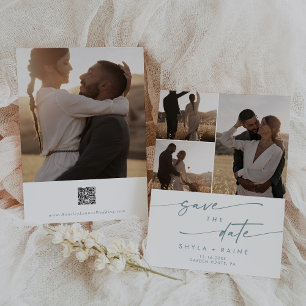 Boho Chic Teal and White Multi Photo QR Code Save The Date