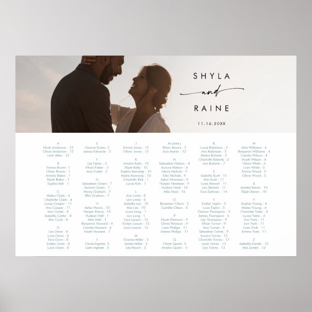 Boho Chic Teal and White Picture Seating Chart (Front)