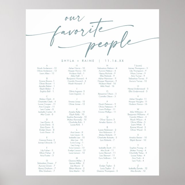 Boho Chic Teal and White Printable Seating Chart (Front)