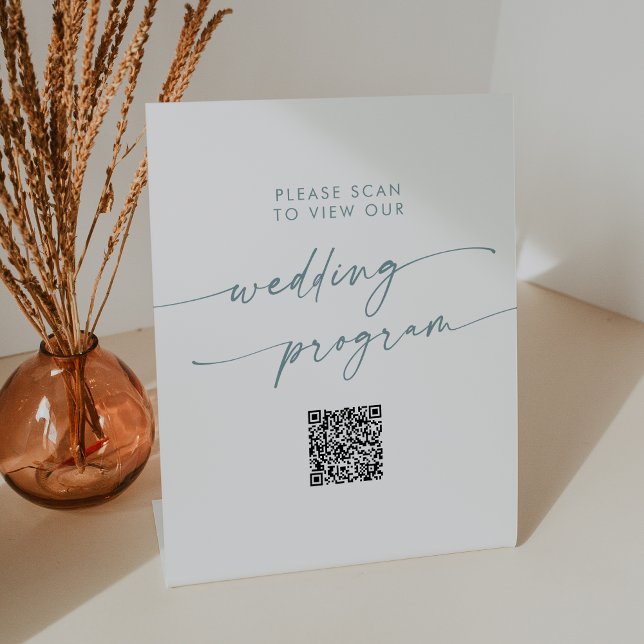 Boho Chic Teal and White QR Code Wedding Program Pedestal Sign (Creator Uploaded)