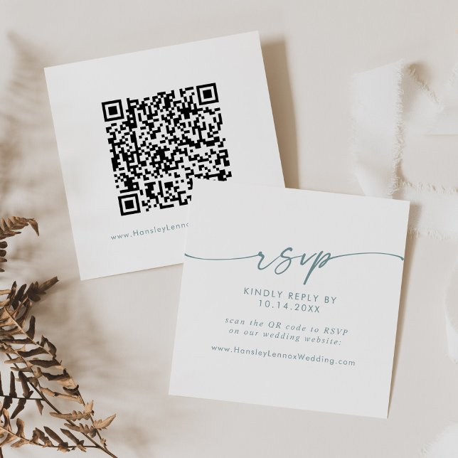 Boho Chic Teal and White Wedding QR Code RSVP Enclosure Card (Creator Uploaded)