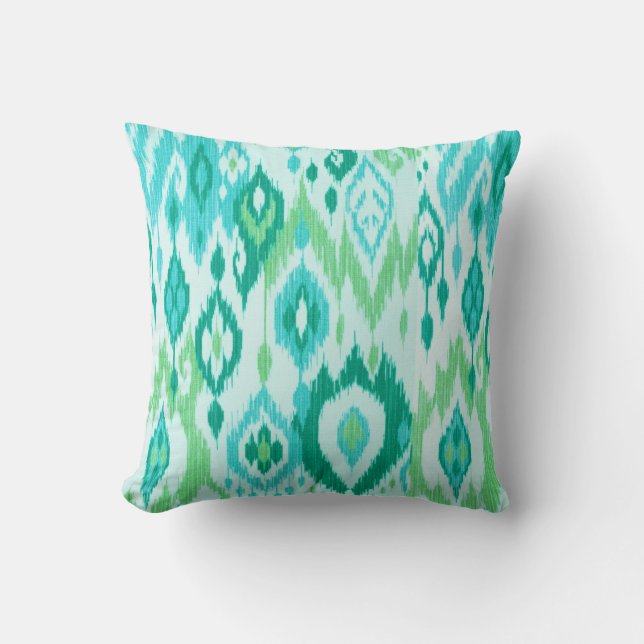 Boho Chic teal aqua green Ikat Tribal Tapestry Throw Pillow (Front)