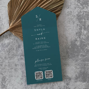 Boho Chic Teal Blue Dual QR Code Wedding All In One Invitation