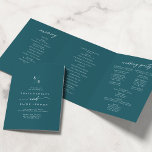 Boho Chic Teal Blue Monogram Wedding Tri-Fold Programme<br><div class="desc">This boho chic teal blue monogram wedding tri-fold program is perfect for a minimalist wedding. The bold dark turquoise jewel tone modern bohemian design features simple rustic calligraphy with a unique yet classic style. Personalize your wedding program with your initials, names, wedding date and location, your favourite quote or lyric,...</div>