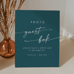 Boho Chic Teal Blue Photo Guest Book Wedding Pedestal Sign