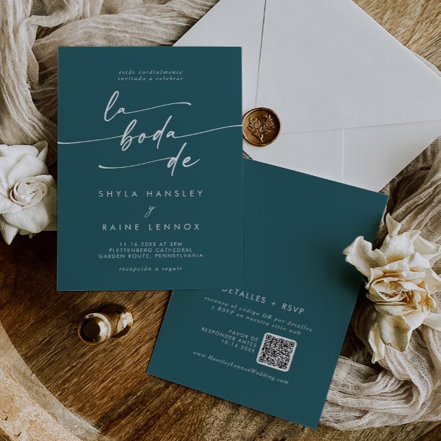 Boho Chic Teal Blue QR Code Spanish Wedding Invitation (Creator Uploaded)