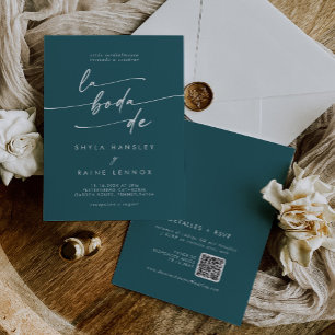 Boho Chic Teal Blue QR Code Spanish Wedding Invitation