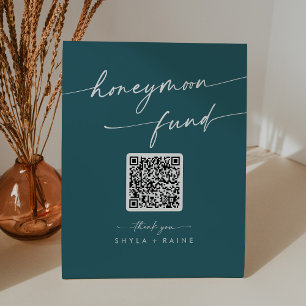 Boho Chic Teal Blue Wedding Honeymoon Fund Pedestal Sign