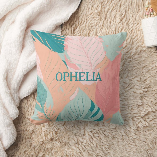 Boho Chic Teal Coral Pink Leaves Baby Name Throw Pillow (Blanket)