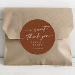 Boho Chic Terracotta A Sweet Thank You Favour Classic Round Sticker<br><div class="desc">This boho chic terracotta a sweet thank you favour classic round sticker is perfect for a minimalist wedding. The earthy burnt orange modern bohemian design features simple rustic calligraphy with a unique yet classic style.

Personalize your favour stickers with your names and wedding date.</div>