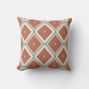 Boho Chic Terracotta and Indigo Geometric Ikat Pat Throw Pillow