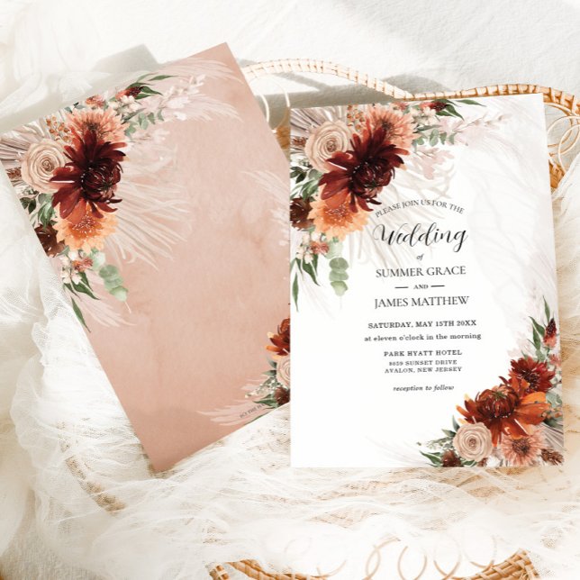 Boho Chic Terracotta Floral Pampas Grass Wedding  Invitation (Creator Uploaded)