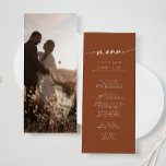 Boho Chic Terracotta Photo Wedding Menu<br><div class="desc">This boho chic terracotta photo wedding menu card is perfect for a minimalist wedding. The earthy burnt orange modern bohemian design features simple rustic calligraphy with a unique yet classic style. Personalize the back of your menu with your favourite engagement picture. This menu can be used for a wedding reception,...</div>