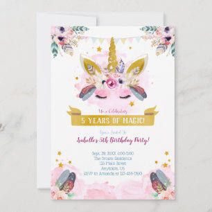 Boho Chic Unicorn Visage Anniversaire Invitation
