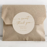 Boho Chic Vintage Gold A Sweet Thank You Favour Classic Round Sticker<br><div class="desc">This boho chic vintage gold a sweet thank you favour classic round sticker is perfect for a minimalist wedding. The neutral gold and ivory cream modern bohemian design features simple rustic calligraphy with a unique yet classic style.

Personalize your favour stickers with your names and wedding date.</div>