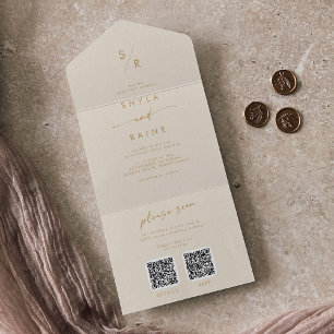 Boho Chic Vintage Gold Dual QR Code Wedding All In One Invitation