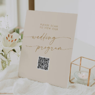 Boho Chic Vintage Gold QR Code Wedding Program Pedestal Sign