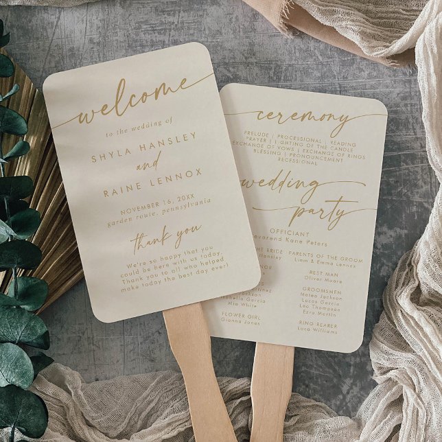 Boho Chic Vintage Gold Wedding Program Hand Fan (Creator Uploaded)