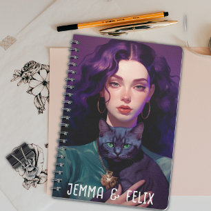 Boho Chic Violet-haired Girl and Black Cat Notebook