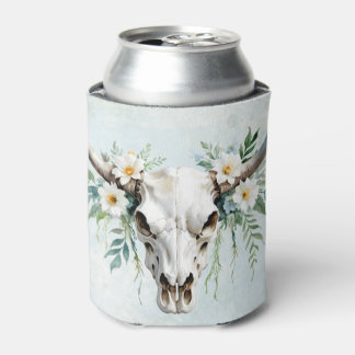 Boho Chic Watercolor Floral Cow Skull Can Cooler