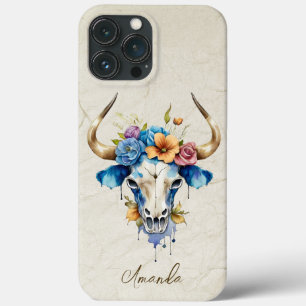 Boho Chic Watercolor Floral Cow Skull iPhone 13 Pro Max Case