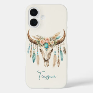 Boho Chic Watercolor Floral Cow Skull iPhone 16 Case
