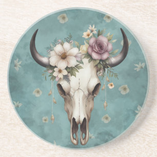 Boho Chic Watercolor Floral Cow Skull Coaster