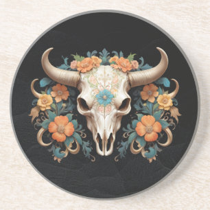 Boho Chic Watercolor Floral Cow Skull Coaster