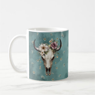 Boho Chic Watercolor Floral Cow Skull Coffee Mug