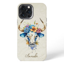 Boho Chic Watercolor Floral Cow Skull 