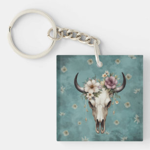 Boho Chic Watercolor Floral Cow Skull  Keychain