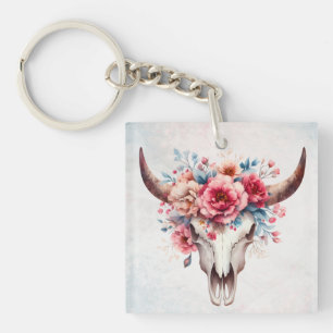 Boho Chic Watercolor Floral Cow Skull Keychain