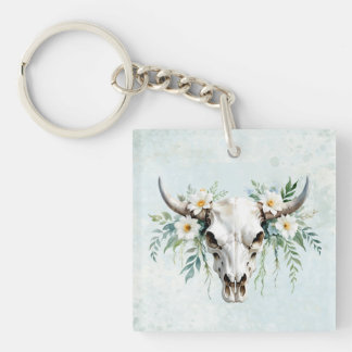 Boho Chic Watercolor Floral Cow Skull  Keychain