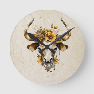 Boho Chic Watercolor Floral Cow Skull Round Clock