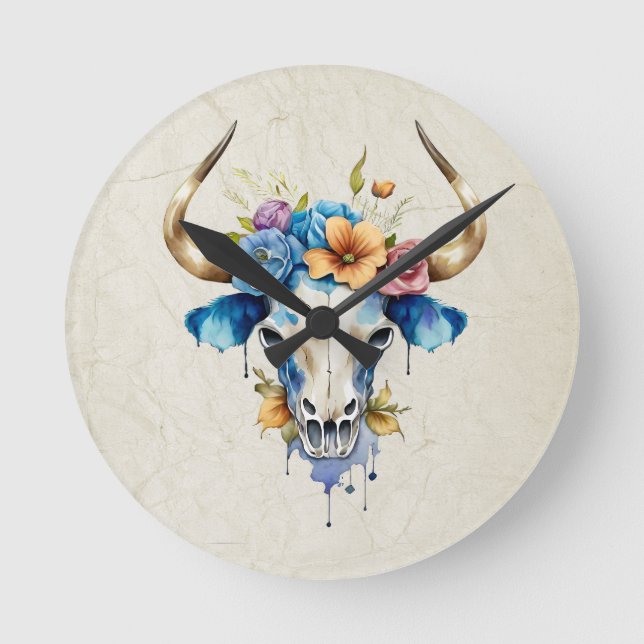 Boho Chic Watercolor Floral Cow Skull Round Clock (Front)