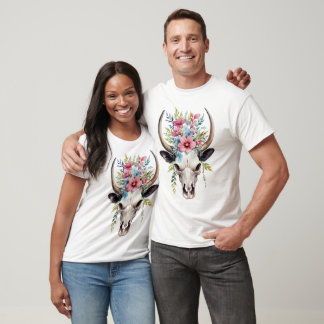 Boho Chic Watercolor Floral Cow Skull T-Shirt