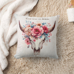 Boho Chic Watercolor Floral Cow Skull  Throw Pillow