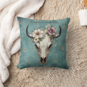 Boho Chic Watercolor Floral Cow Skull Throw Pillow