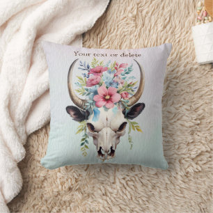 Boho Chic Watercolor Floral Cow Skull Throw Pillow