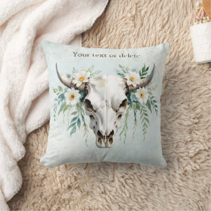 Boho Chic Watercolor Floral Cow Skull  Throw Pillow
