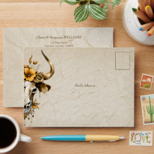 Boho Chic Watercolor Floral Cow Skull Wedding Envelope