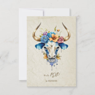 Boho Chic Watercolor Floral Cow Skull Wedding RSVP Card