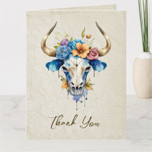 Boho Chic Watercolor Floral Cow Skull Wedding Thank You Card