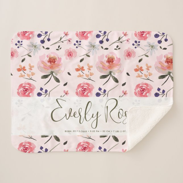 Boho Chic Watercolor florals Personalized Stats Sherpa Blanket (Front (Horizontal))