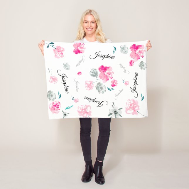 Boho Chic Watercolor flowers repeated Name Baby Fleece Blanket (In Situ)