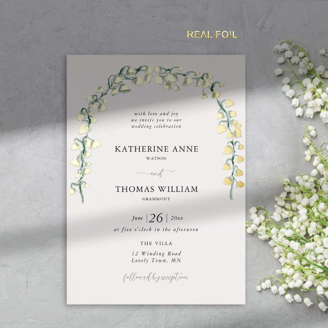 Boho Chic Watercolor Lily Valley Wedding Arch Gold (spring wedding invitation card lily valley watercolor fine art hand drawn gold foil romantic boho)