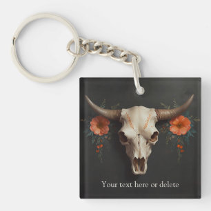 Boho Chic Watercolor Minimalist Floral Cow Skull  Keychain