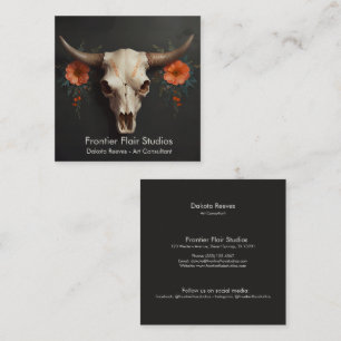 Boho Chic Watercolor Minimalist Floral Cow Skull  Square Business Card