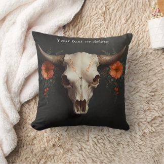 Boho Chic Watercolor Minimalist Floral Cow Skull  Throw Pillow